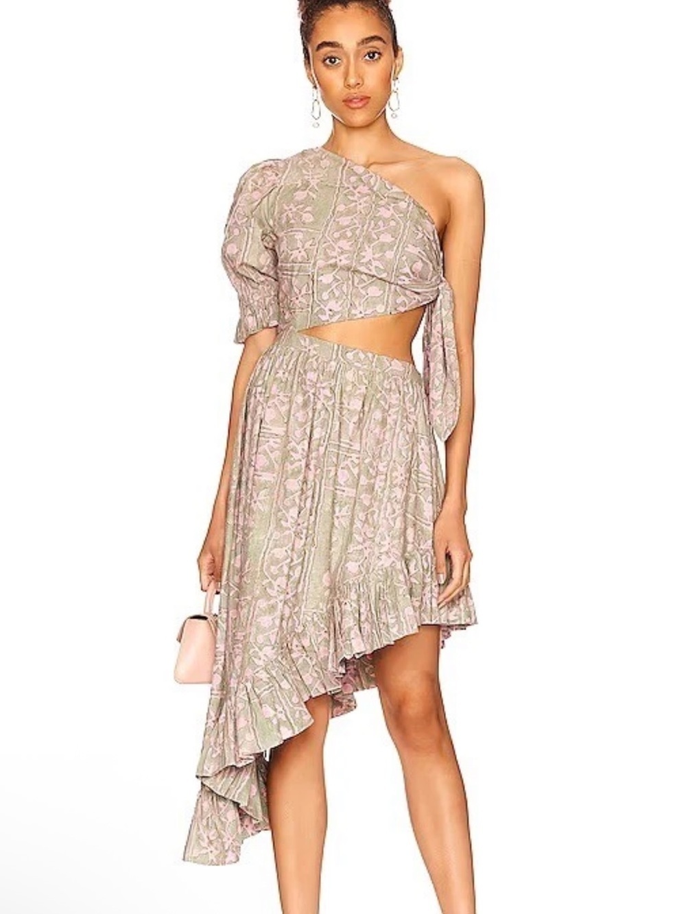 Cleobella Paola Ankle Dress Border Print Mint Pink Floral One-Shoulder S